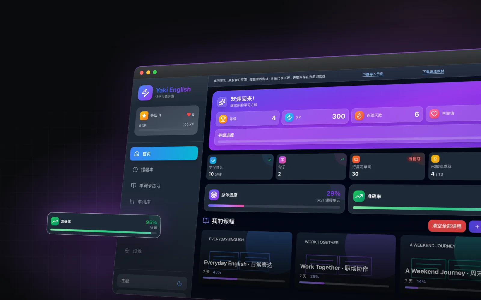 Yaki English learning homepage, showing level, learning progress, accuracy, and courses